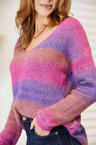 Shop Double Take Multicolored Rib-Knit V-Neck Knit Pullover Now On Klozey Store - Trendy U.S. Premium Women Apparel & Accessories And Be Up-To-Fashion!