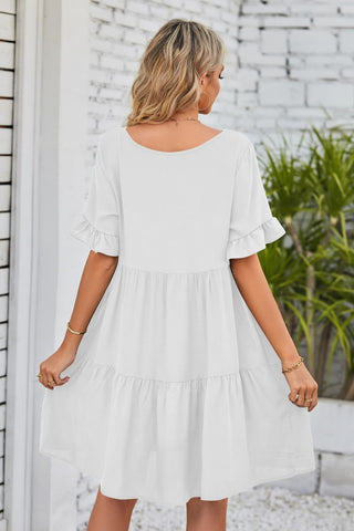 Shop V-Neck Flounce Sleeve Tiered Dress Now On Klozey Store - Trendy U.S. Premium Women Apparel & Accessories And Be Up-To-Fashion!