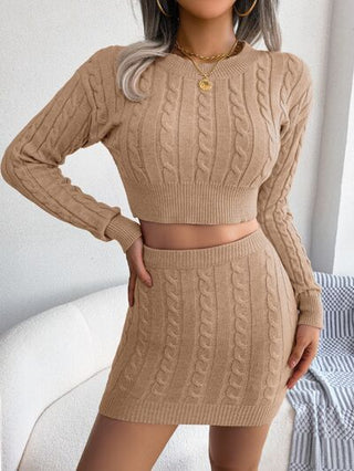 Shop Cable-Knit Round Neck Top and Skirt Sweater Set Now On Klozey Store - Trendy U.S. Premium Women Apparel & Accessories And Be Up-To-Fashion!