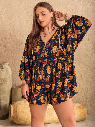 Shop Plus Size Floral Tie Neck Balloon Sleeve Romper Now On Klozey Store - Trendy U.S. Premium Women Apparel & Accessories And Be Up-To-Fashion!
