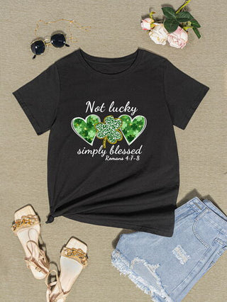 Shop NOT LUCKY SIMPLY BLESSED Heart Round Neck T-Shirt Now On Klozey Store - Trendy U.S. Premium Women Apparel & Accessories And Be Up-To-Fashion!