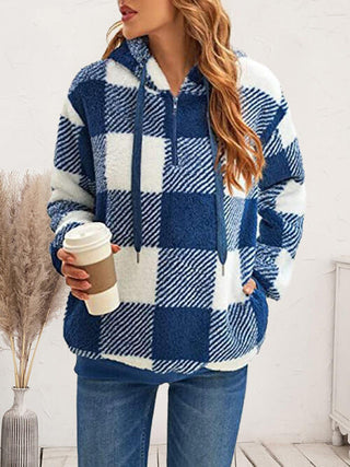 Shop Plaid Half Zip Drawstring Hoodie Now On Klozey Store - Trendy U.S. Premium Women Apparel & Accessories And Be Up-To-Fashion!