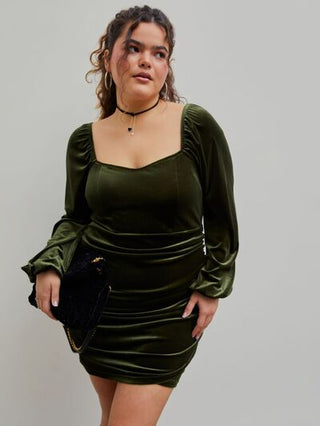 Shop Plus Size Ruched Square Neck Balloon Sleeve Wrap Dress Now On Klozey Store - Trendy U.S. Premium Women Apparel & Accessories And Be Up-To-Fashion!