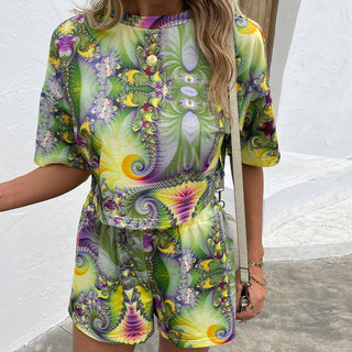 Shop Printed Round Neck Dropped Shoulder Half Sleeve Top and Shorts Set Now On Klozey Store - U.S. Fashion And Be Up-To-Fashion!
