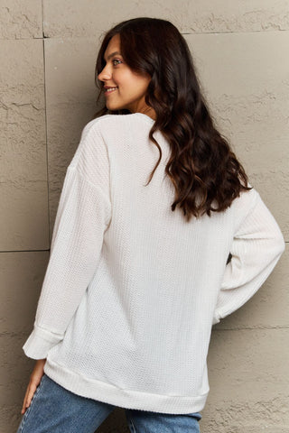 Shop Ninexis Full Size V-Neck Long Sleeve Front Pocket Blouse Now On Klozey Store - Trendy U.S. Premium Women Apparel & Accessories And Be Up-To-Fashion!