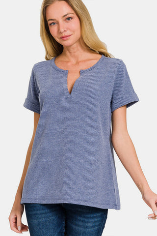 Shop Zenana Notched Short Sleeve Waffle T-Shirt Now On Klozey Store - Trendy U.S. Premium Women Apparel & Accessories And Be Up-To-Fashion!