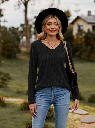 Shop Ribbed V-Neck Long Sleeve Tee Now On Klozey Store - Trendy U.S. Premium Women Apparel & Accessories And Be Up-To-Fashion!