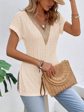 Shop Slit Eyelet V-Neck Short Sleeve Blouse Now On Klozey Store - Trendy U.S. Premium Women Apparel & Accessories And Be Up-To-Fashion!