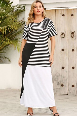 Shop Plus Size Striped Color Block Round Neck Dress Now On Klozey Store - Trendy U.S. Premium Women Apparel & Accessories And Be Up-To-Fashion!