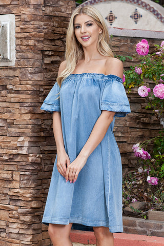 Shop Off-Shoulder Knee-Length Denim Dress Now On Klozey Store - Trendy U.S. Premium Women Apparel & Accessories And Be Up-To-Fashion!