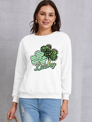 Shop Lucky Clover Round Neck Dropped Shoulder Sweatshirt Now On Klozey Store - Trendy U.S. Premium Women Apparel & Accessories And Be Up-To-Fashion!