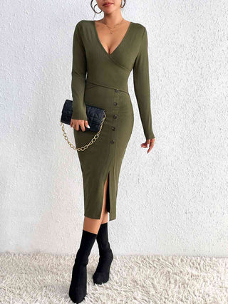 Shop Buttoned Surplice Neck Slit Dress Now On Klozey Store - U.S. Fashion And Be Up-To-Fashion!