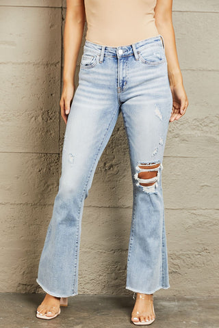 Shop BAYEAS Mid Rise Distressed Flare Jeans Now On Klozey Store - Trendy U.S. Premium Women Apparel & Accessories And Be Up-To-Fashion!