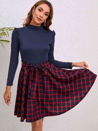 Shop Plaid Tie Waist Ruffle Shoulder Dress Now On Klozey Store - Trendy U.S. Premium Women Apparel & Accessories And Be Up-To-Fashion!