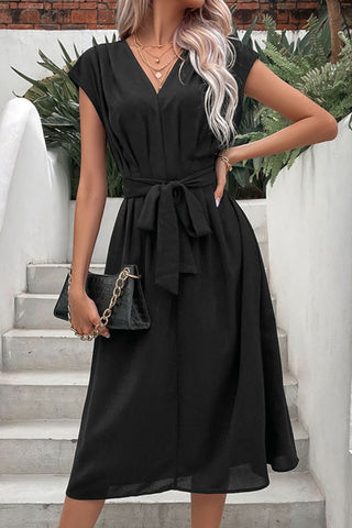 Shop Tie Belt V-Neck Pleated Dress Now On Klozey Store - U.S. Fashion And Be Up-To-Fashion!