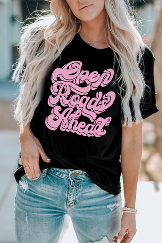 Shop Round Neck Short Sleeve OPEN ROADS AHEAD Graphic Tee Now On Klozey Store - Trendy U.S. Premium Women Apparel & Accessories And Be Up-To-Fashion!