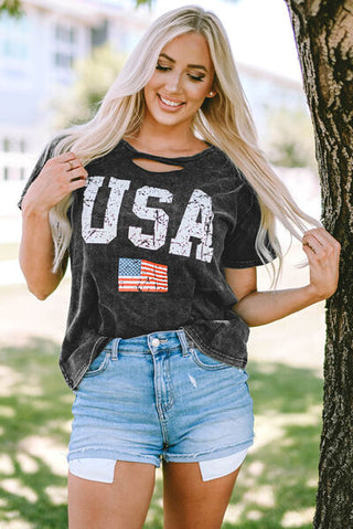 Shop USA Cutout Round Neck Short Sleeve T-Shirt Now On Klozey Store - Trendy U.S. Premium Women Apparel & Accessories And Be Up-To-Fashion!