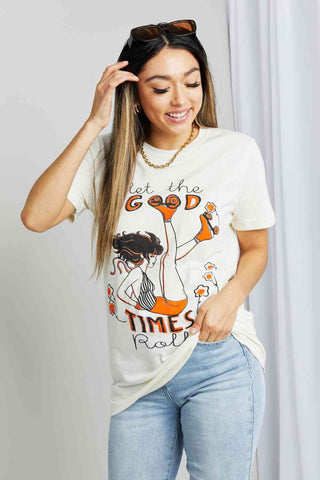 Shop mineB Full Size LET THE GOOD TIMES ROLL Graphic Tee Now On Klozey Store - Trendy U.S. Premium Women Apparel & Accessories And Be Up-To-Fashion!