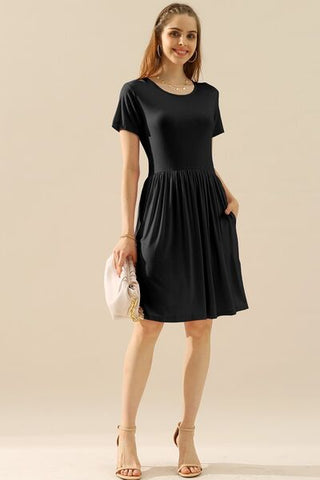 Shop Ninexis Full Size Round Neck Ruched Dress with Pockets Now On Klozey Store - Trendy U.S. Premium Women Apparel & Accessories And Be Up-To-Fashion!