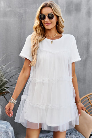 Shop Frill Trim Spliced Mesh Mini Dress Now On Klozey Store - Trendy U.S. Premium Women Apparel & Accessories And Be Up-To-Fashion!