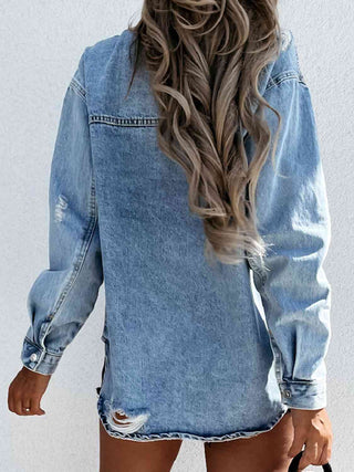 Shop Distressed Snap Down Denim Jacket Now On Klozey Store - Trendy U.S. Premium Women Apparel & Accessories And Be Up-To-Fashion!