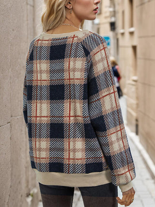Shop Plaid Round Neck Long Sleeve Sweatshirt Now On Klozey Store - Trendy U.S. Premium Women Apparel & Accessories And Be Up-To-Fashion!