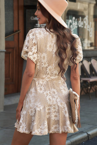 Shop Floral Lace Pompom Detail Tie-Waist Flutter Sleeve Dress Now On Klozey Store - Trnedy U.S. Premium Women Apparel & Accessories And Be Up-To-Fashion!