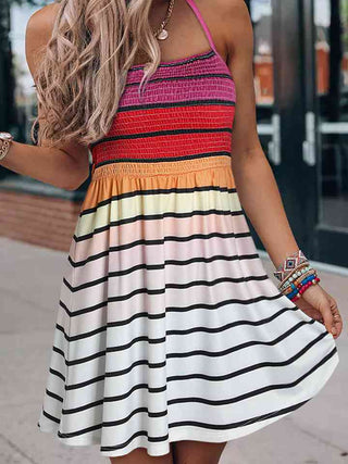 Shop Smocked Sleeveless Striped Mini Dress Now On Klozey Store - Trendy U.S. Premium Women Apparel & Accessories And Be Up-To-Fashion!
