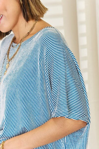 Shop Zenana Striped Round Neck Half Sleeve T-Shirt Now On Klozey Store - Trendy U.S. Premium Women Apparel & Accessories And Be Up-To-Fashion!