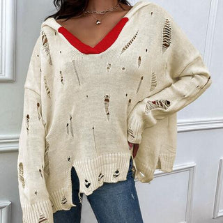 Shop Distressed Slit Drop Shoulder Hooded Sweater Now On Klozey Store - U.S. Fashion And Be Up-To-Fashion!