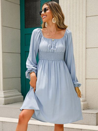 Shop Off-Shoulder Balloon Sleeve Smocked Dress Now On Klozey Store - Trendy U.S. Premium Women Apparel & Accessories And Be Up-To-Fashion!