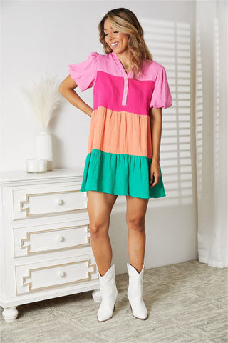 Shop Double Take Color Block Buttoned Puff Sleeve Dress Now On Klozey Store - Trendy U.S. Premium Women Apparel & Accessories And Be Up-To-Fashion!