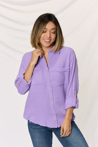 Shop Zenana Texture Button Up Raw Hem Long Sleeve Shirt Now On Klozey Store - Trendy U.S. Premium Women Apparel & Accessories And Be Up-To-Fashion!