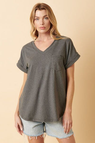 Shop Mittoshop Full Size V-Neck Rolled Short Sleeve T-Shirt Now On Klozey Store - Trendy U.S. Premium Women Apparel & Accessories And Be Up-To-Fashion!