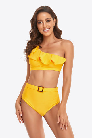 Shop Ruffled One-Shoulder Buckled Bikini Set Now On Klozey Store - Trendy U.S. Premium Women Apparel & Accessories And Be Up-To-Fashion!