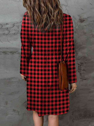 Shop Double Take Full Size Plaid Round Neck Long Sleeve Magic Dress Now On Klozey Store - Trendy U.S. Premium Women Apparel & Accessories And Be Up-To-Fashion!