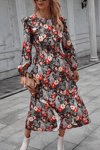Shop Floral Round Neck Long Sleeve Midi Dress Now On Klozey Store - Trendy U.S. Premium Women Apparel & Accessories And Be Up-To-Fashion!