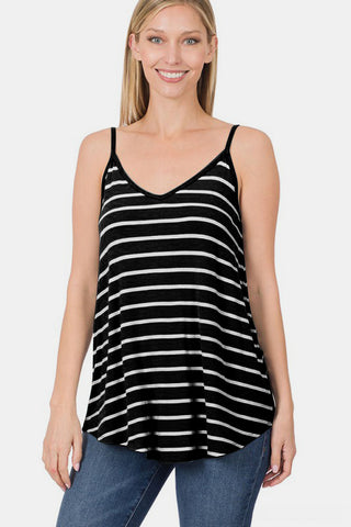 Shop Zenana Striped V-Neck Curved Hem Cami Now On Klozey Store - Trendy U.S. Premium Women Apparel & Accessories And Be Up-To-Fashion!
