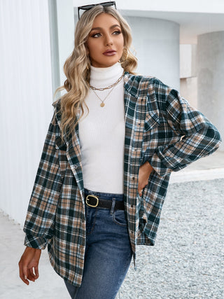 Shop Plaid Snap Down Hooded Jacket Now On Klozey Store - Trendy U.S. Premium Women Apparel & Accessories And Be Up-To-Fashion!