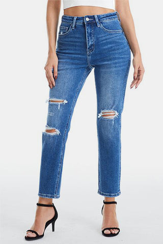Shop BAYEAS Full Size Distressed High Waist Mom Jeans Now On Klozey Store - Trendy U.S. Premium Women Apparel & Accessories And Be Up-To-Fashion!