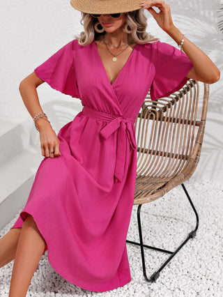 Shop Surplice Neck Tie Belt Midi Dress Now On Klozey Store - Trendy U.S. Premium Women Apparel & Accessories And Be Up-To-Fashion!