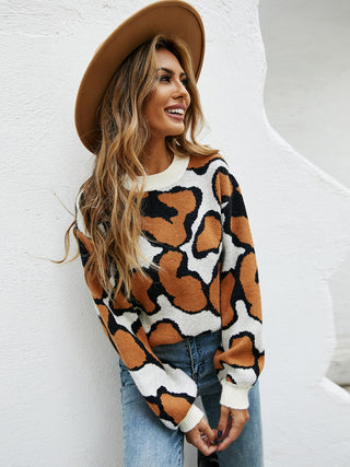 Shop Printed Round Neck Long Sleeve Sweater Now On Klozey Store - Trendy U.S. Premium Women Apparel & Accessories And Be Up-To-Fashion!