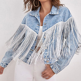 Shop Fringe Detail Collared Neck Long Sleeve Denim Jacket Now On Klozey Store - Trendy U.S. Premium Women Apparel & Accessories And Be Up-To-Fashion!