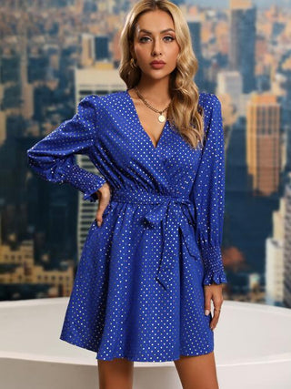 Shop Polka Dot Tie Front Smocked Long Sleeve Dress Now On Klozey Store - Trendy U.S. Premium Women Apparel & Accessories And Be Up-To-Fashion!