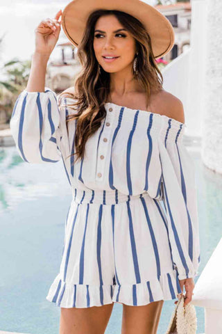 Shop Striped Off Shoulder Smocked Romper Now On Klozey Store - Trendy U.S. Premium Women Apparel & Accessories And Be Up-To-Fashion!