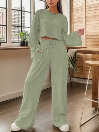 Shop Ribbed Round Neck Top and Drawstring Pants Set Now On Klozey Store - U.S. Fashion And Be Up-To-Fashion!