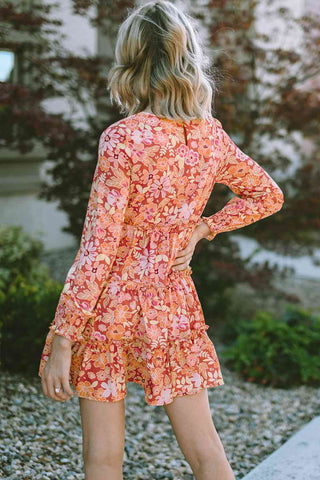 Shop Floral Print Round Neck Long Sleeve Tiered Dress Now On Klozey Store - Trendy U.S. Premium Women Apparel & Accessories And Be Up-To-Fashion!