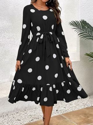 Shop Tied Polka Dot Round Neck Ruffle Hem Dress Now On Klozey Store - Trendy U.S. Premium Women Apparel & Accessories And Be Up-To-Fashion!