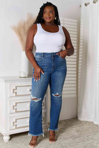 Shop Judy Blue Full Size Distressed Raw Hem Jeans Now On Klozey Store - Trendy U.S. Premium Women Apparel & Accessories And Be Up-To-Fashion!