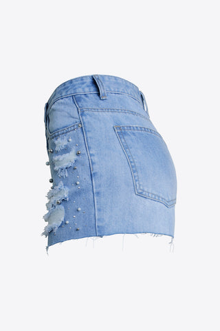 Shop Full Size Distressed Bead Denim Shorts Now On Klozey Store - Trendy U.S. Premium Women Apparel & Accessories And Be Up-To-Fashion!